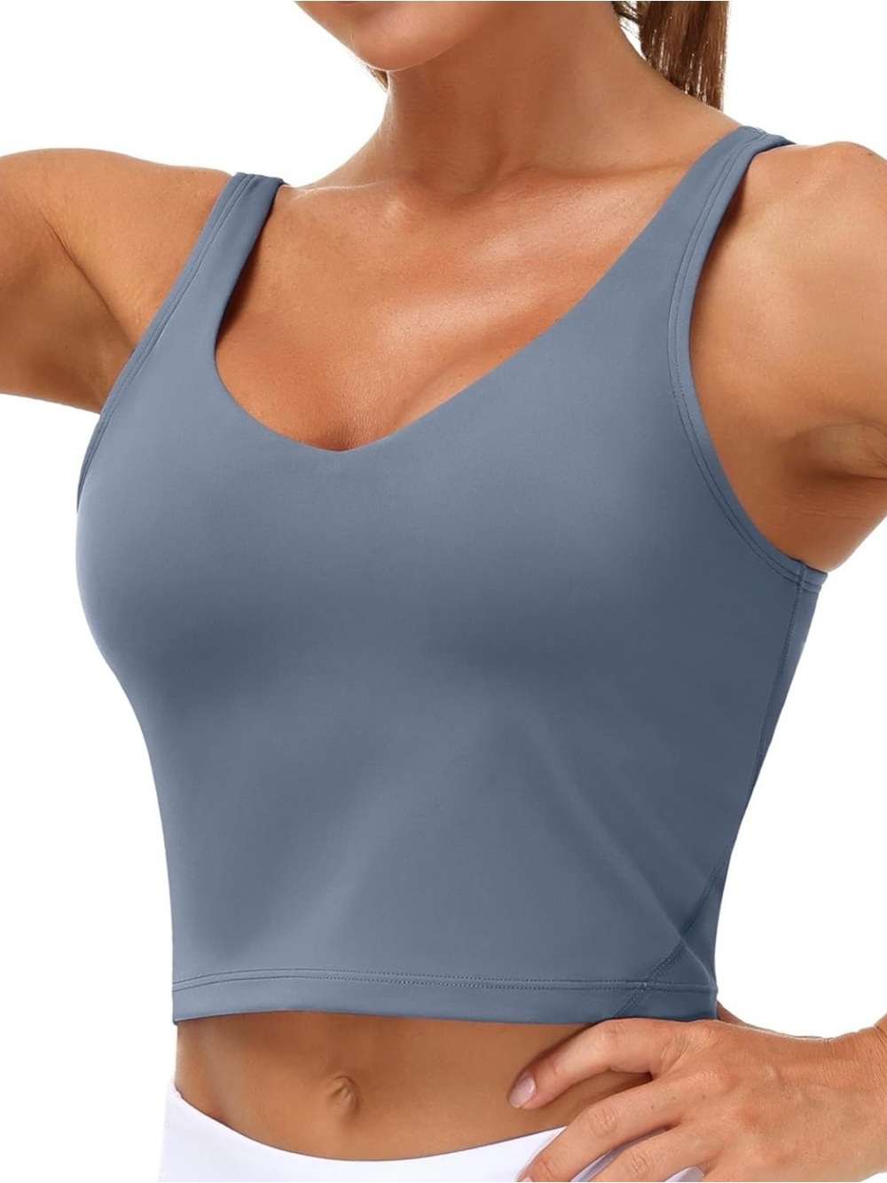 Seamless V-Neck Longline Crop Tank - Slate Blue